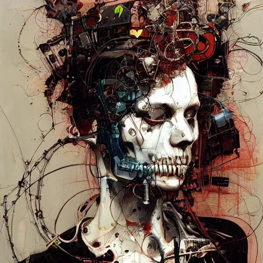 Image similar to a cyberpunk noir detective, skulls, wires cybernetic implants, machine noir grimcore, in the style of adrian ghenie esao andrews jenny saville surrealism dark art by james jean takato yamamoto and by ashley wood and mike mignola