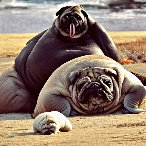 Image similar to a Walrus-Pug Hybrid, A Walrus that looks like a pug, huge tusks, afternoon hangout, good times photograph, candid