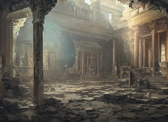 Prompt: a detailed matte painting of a temple interior, broken windows, walls peeling, broken tiles, broken windows, digital art, immaculate scale, trending on artstation