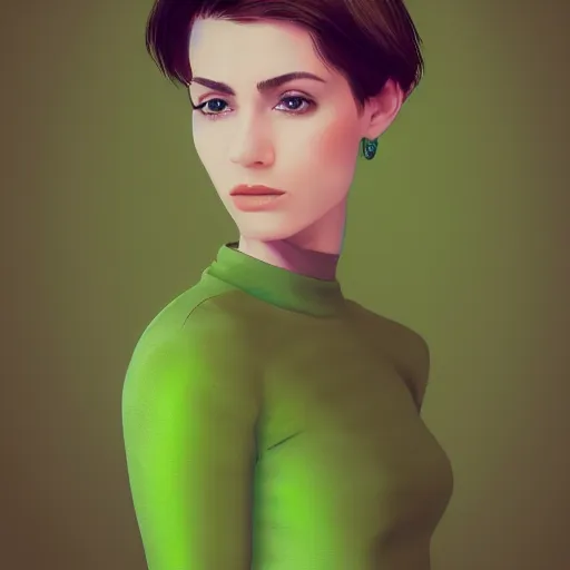 Prompt: a portrait photo of a young woman with short brown hair and green eyes, dress, space as the background, trending on artstation