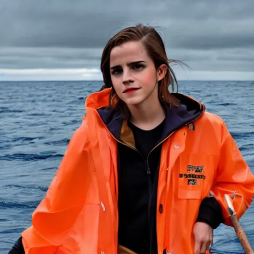 Image similar to emma watson fishing boat, deadliest catch, orange rain slicker, award winning,