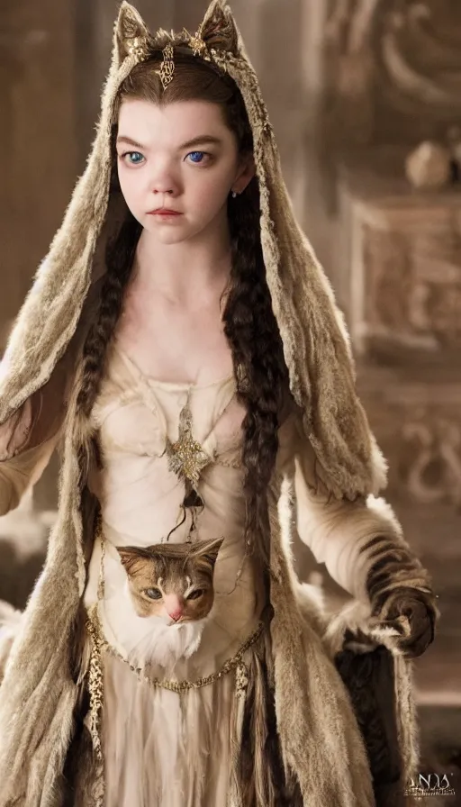 Image similar to dressed anya taylor - joy as goddess of the cats, symmetrical, cinematic, elegant, real photography, 4 k, ultra hd, sense of awe