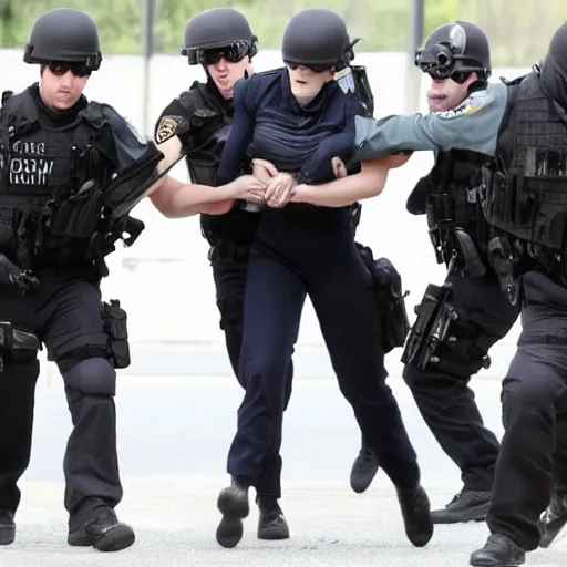 Image similar to emma watson being arrested by a swat team