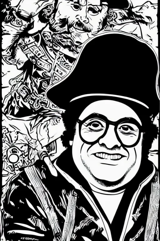 Image similar to vector art portrait of danny devito as a pirate king by jack kirby