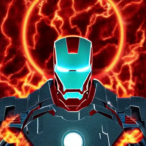 Image similar to a portrait of iron man on in his biggest form fighting the underworld monsters the background is all fire the monsters are human form digital art