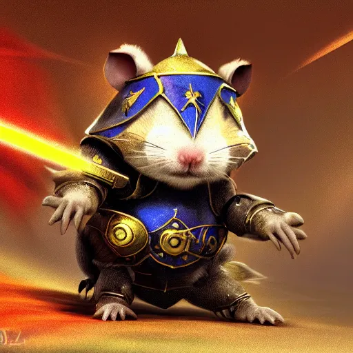 Image similar to an award winning, animation key frame of an adorable roborvski hamster, dressed as a knight, fighting a dragon, cute art style, colorful, cgi, unreal engine, ultra hd, high definition, high quality, crisp, sharp, smooth, 8 k resolution