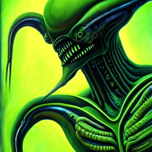 Image similar to a painting of a alien creature with a green background, an ultrafine detailed painting by h. r. giger, artstation, space art, reimagined by industrial light and magic, # vfxfriday, cosmic horror