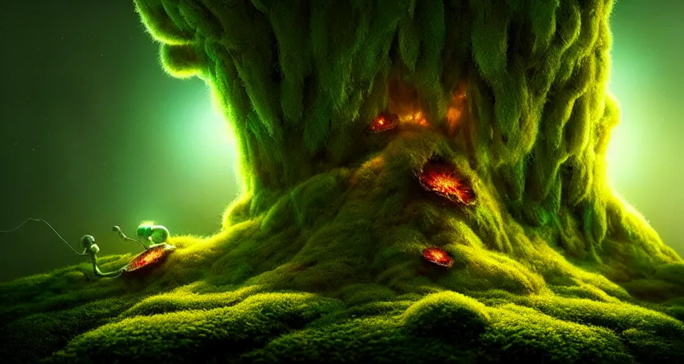 Image similar to a beautiful macro photography of moss with alien fungus, hyperdetailed, warm volumetric lights, made by gerald brom and mike winkelmann