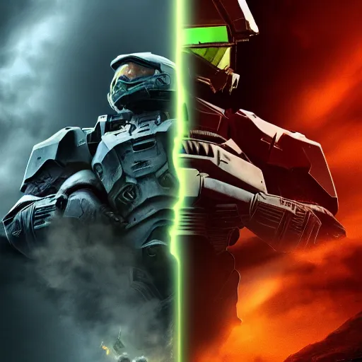 Prompt: the Master Chief vs the Arbiter, digital art, 4k, highly detailed, high quality, cinematic