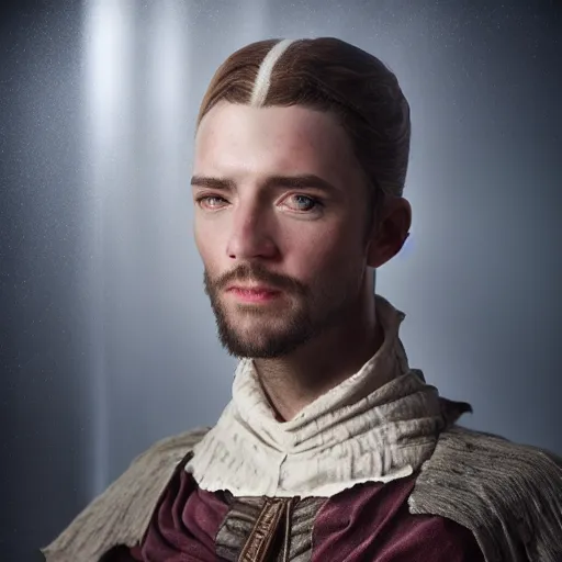 Image similar to realistic photo portrait of a man, wearing renaissance clothes, star wars character, volumetric lights, trending on artstation, studio photo, intricate details, highly detailed