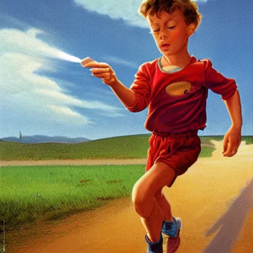 Prompt: a running child turning into vapor, mist, smoke, scissors in hand, a detailed matter painting by John Philip Falter