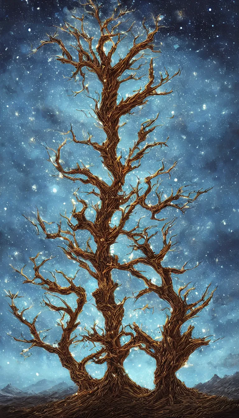 Prompt: beautiful dry tree is glowing in the dark night, stars are glowing in sky, highly detailed, fantasy art by greg rutsowski, trending on artstation, masterpiece