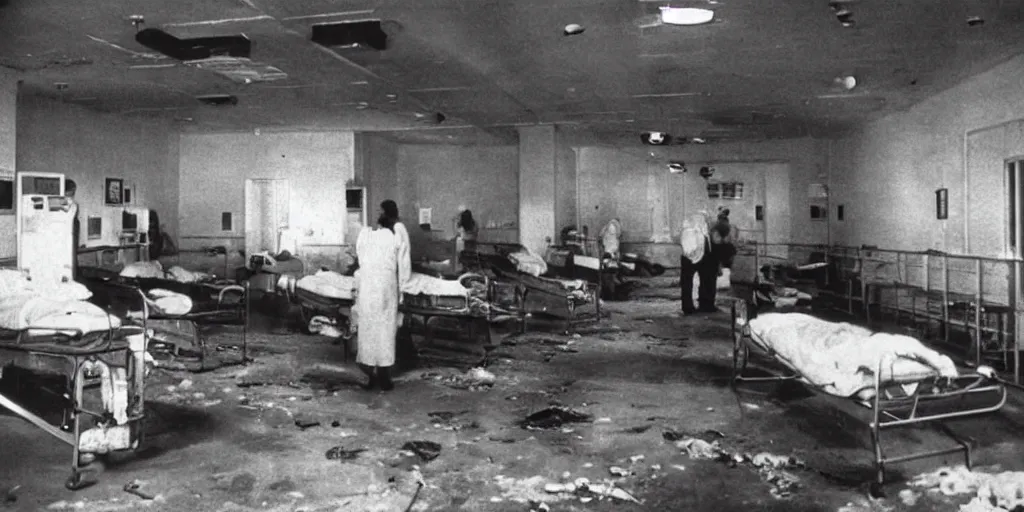 Prompt: An overcrowded disgusting hospital with bad standards, plague, bodies, horror movie, the outbreak can't be contained, 1950's