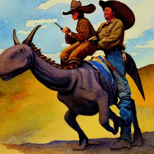 Image similar to a watercolor painting of a cowboy riding a dinosaur in the style of n. c. wyeth and in the style of james gurney.