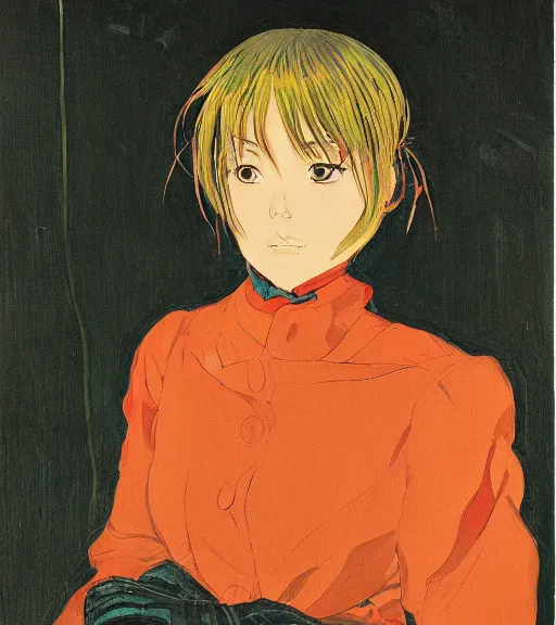 Prompt: amiet cuno painting of an anime woman, direct flash photography at night, film grain