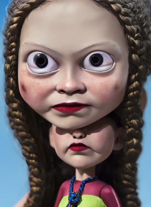 Image similar to closeup face profile portrait of tin toy greta thunberg as a vampire, bikini, depth of field, zeiss lens, detailed, symmetrical, centered, fashion photoshoot, by nicoletta ceccoli, mark ryden, lostfish, breathtaking, 8 k resolution, extremely detailed, beautiful, establishing shot, artistic, hyperrealistic, octane render