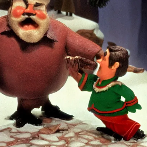 Prompt: Claymation art of Jack Black greeting Rudolph the Red-nosed Reindeer, 1964, color, extremely detailed