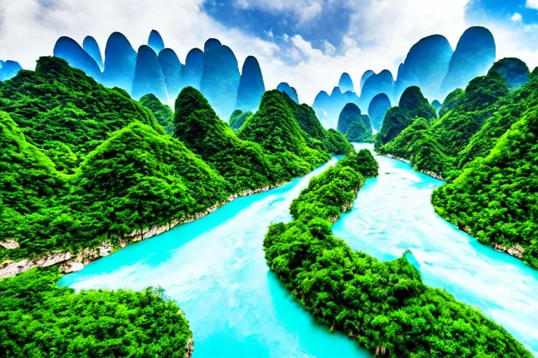 Prompt: wide, lush scenic landscape, grand majestic mountains, valley, river, karst chinese limestone mountains, blue sky, white clouds, professional photography, realistic, highly detailed, 8 k