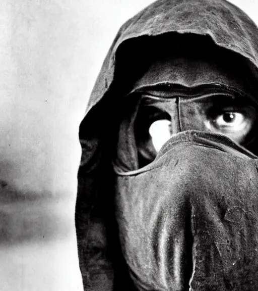 Prompt: a man at distance wearing hooded mask covering his entire face, ww1 film photo, grainy, high detail, high resolution