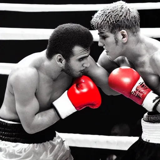 Image similar to jake paul vs mohammed ali, brutal boxing match, sports photography, sweat flying, hd high detail, professional photo