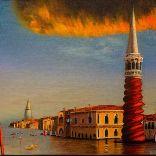 Image similar to an oil painting of a nuclear explosion in venice
