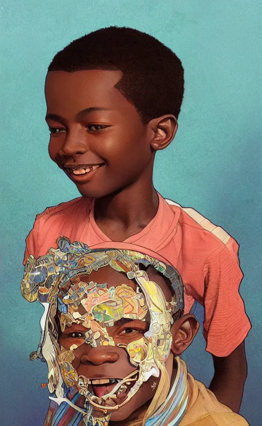 Image similar to colourful upper half portrait of an african boy with sliver teeth grillz, art by hsiao - ron cheng & alphonse mucha, highly detailed, digital painting, ray tracing, concept art, illustration, smooth sharp focus, intricate, symmetry, artstation,