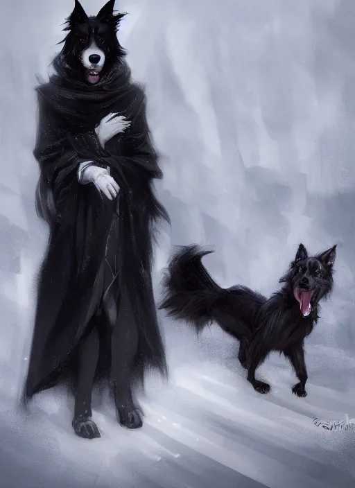 Image similar to beautiful wide angle full body portrait of a cute male anthropomorphic anthro border collie fursona wearing black robes at a theme park, character design by charlie bowater, henry asencio, and ross tran, scenic background, detailed, glamor pose, aesthetic, trending on artstation, furaffinity, deviantart