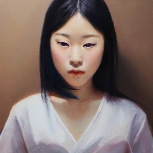 Prompt: perfect, realistic oil painting of close-up japanese girl face, by Sakimichan, by an American professional senior artist, Hollywood concept, dynamic composition and motion, postproduction.