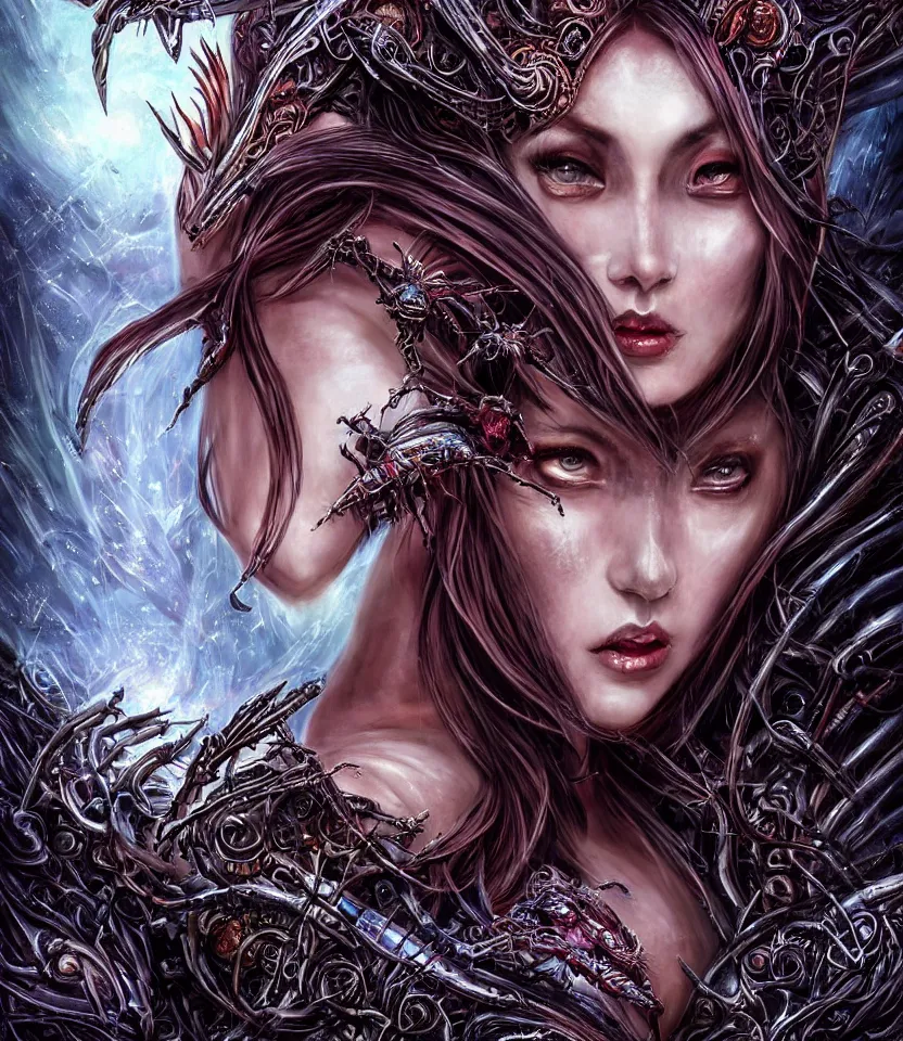 Prompt: close up portrait on the enchanting femenine queen of the zerg, hyper attractive, seductive, very complex, hyper-maximalist, overdetailed, legendary cinematic, darkfantasy, archetype with timeless beauty breathtaking eyes, her spider like legs spread evenly around her framing the image, collossal alien ship in the sky behind her, highly intricate, digital art, very elegant, HDR 8K, biblical art, realism, incomprehensible yet perspicious detail, unbeatable quality, silent hill aesthetic, photorealistic, lifelike, DSLR 8k, unbeatable coherency, Omnious intricate, octane render, created Nixeu & z--ed from deviantart