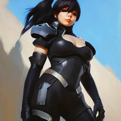 Image similar to greg manchess portrait painting of yorha type a no. 2 as overwatch character, medium shot, asymmetrical, profile picture, organic painting, sunny day, matte painting, bold shapes, hard edges, street art, trending on artstation, by huang guangjian and gil elvgren and sachin teng