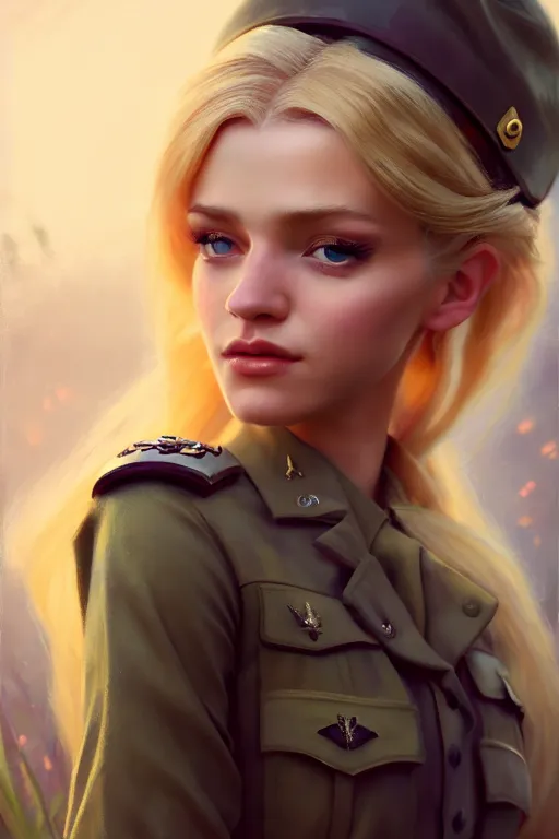 Image similar to cinematic shot of an epic portrait of a cute blonde fairy dressed in military clothes, stylised military clothes, shiny skin, beautiful eyes, beautiful, small details, night setting, realistic poster with volumetric light from jeremy lipkin and michael garmash, craig mallism, artgerm, unreal engine, radiant light, digital art, trends at art station, a masterpiece