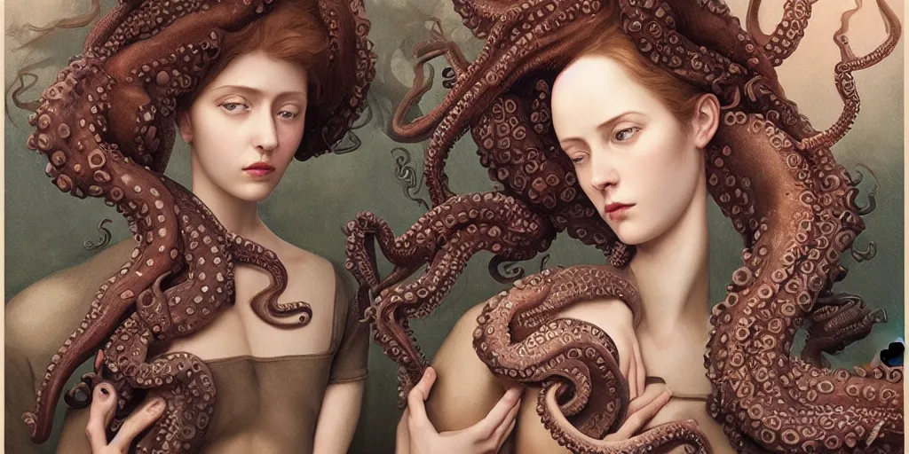 Image similar to An incredible detailed portrait of a young woman and an octopus, in the style of pre-Raphaelite, by Goro Fujita, Tom Bagshaw, trending on Artstation, 8k, masterpiece, fine detail, full of color, intricate detail