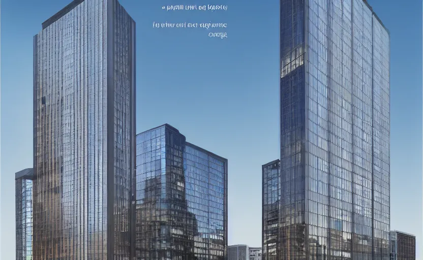Prompt: a marketing flyer for a new office tower in downtown chicago, graphic design