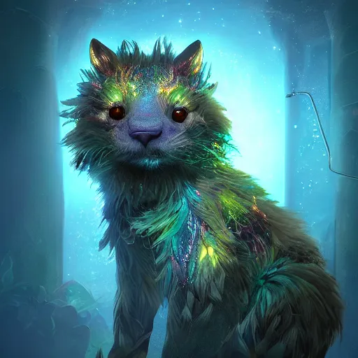 Image similar to bioluminescent cute furry beast on a dreamy biome of oddities, enchanted, magical, fantasy, hyper realism, intricate, digital art, detailed, studio shot, unreal engine 5, octane, high definition, smooth, artstation, behance