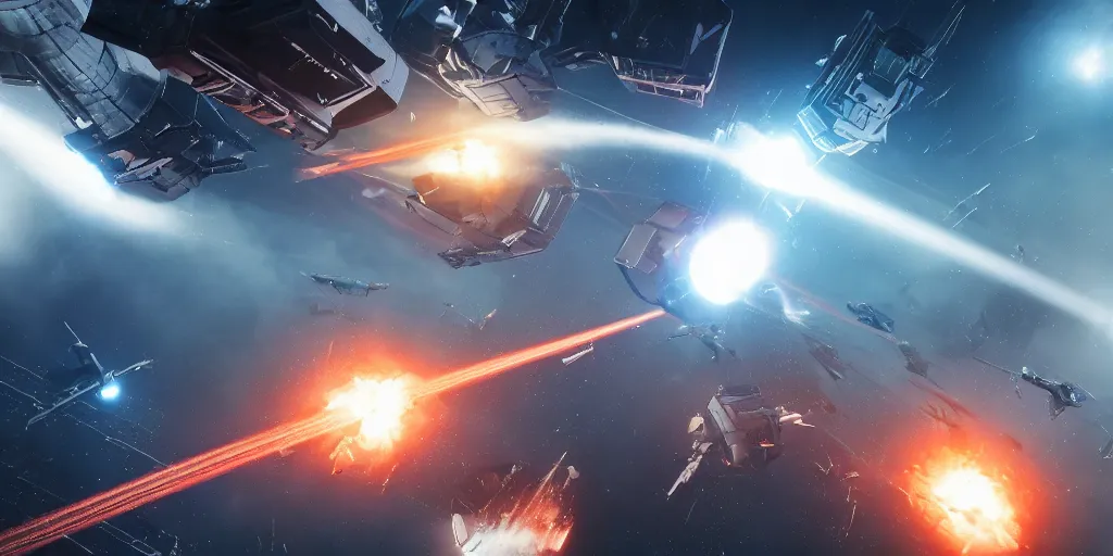 Prompt: dramtic spacecraft battle scene, sci-fi movie shot, ultra detailed, octane render, laser fire and explosions, 8k