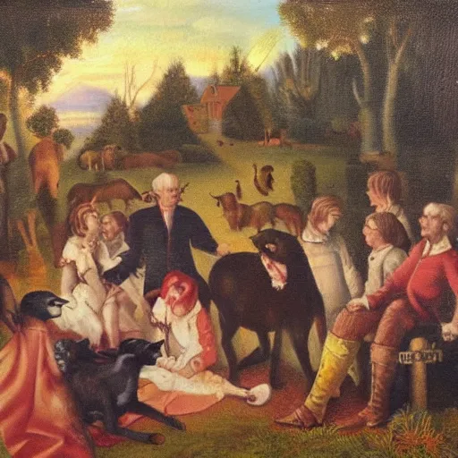 Image similar to oil painting by thomas hart brenton of the peaceable kingdom.