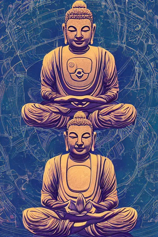 Prompt: a study of cell shaded cyborg robot astronaut buddha meditating in a lotus flower illustration, golden ratio, post grunge screen print poster, character concept art by N.C. winters, highly detailed, sharp focus, alien, Artstation, deviantart, artgem