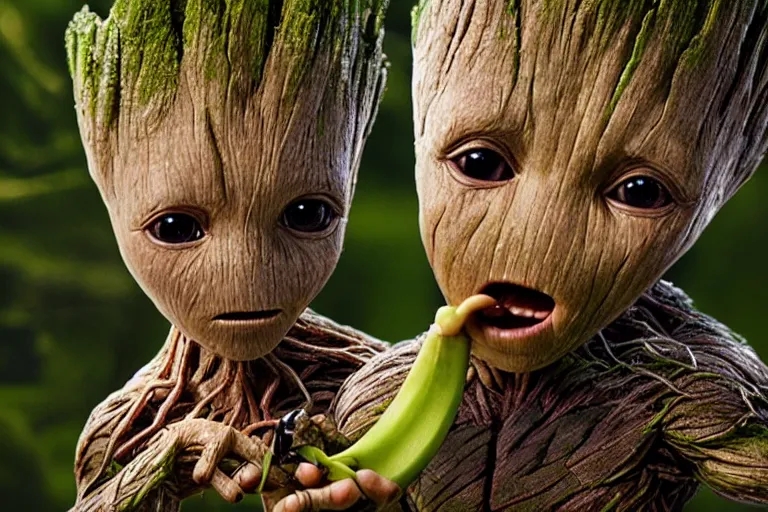 Prompt: an ultra realistic, cinematic headshot portrait, of baby groot, eating a whole banana, background of a vast serene landscape, with trees and rivers, detailed, deep focus, movie still, dramatic lighting, ray tracing, by michal karcz and yoshitaka amano