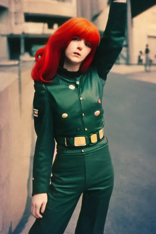 Prompt: ektachrome, 3 5 mm, highly detailed : incredibly realistic, perfect, red hair, beautiful three point perspective extreme closeup 3 / 4 portrait photo in style of chiaroscuro style 1 9 7 0 s frontiers in flight suit cosplay paris seinen manga street photography vogue fashion edition