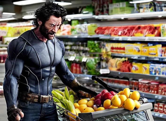 Image similar to film still of Wolverine going grocery shopping in the new X-Men movie, 4k