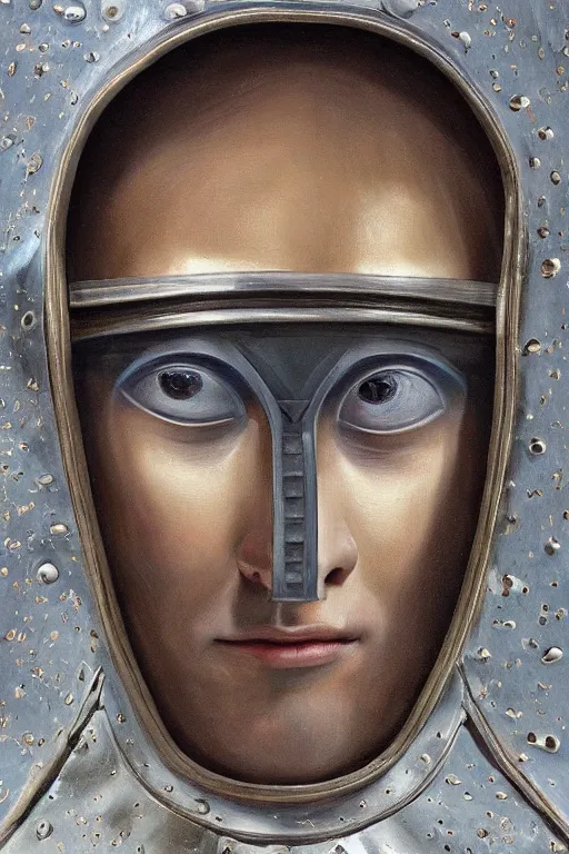 Image similar to hyperrealism oil painting, close - up portrait of face hiding in stingray medieval fashion model, knight, steel gradient mixed with nebula sky, in style of baroque mixed with 7 0 s book art