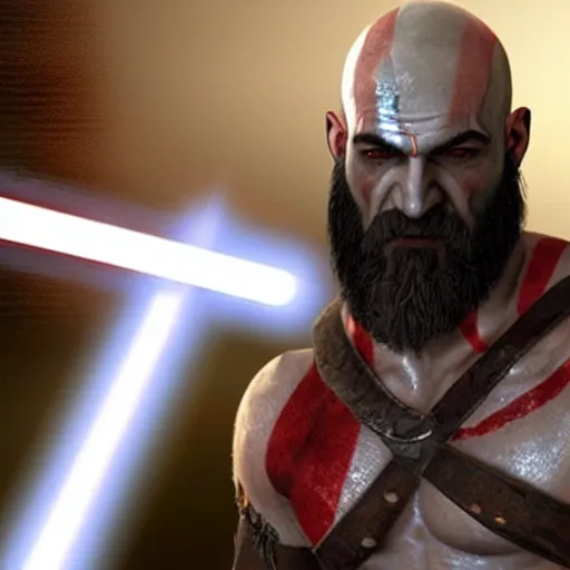 Prompt: kratos from god of war using a lightsaber