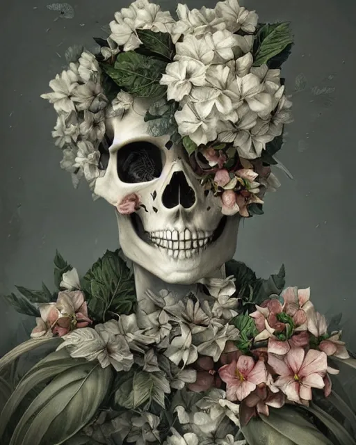 Prompt: a beautiful fine art portrait photo of skeleton, skull covered by hibiscus, daffodils, hydrangea, montsera leaves by tom bagshaw and zach sutton, very detailed, artstation, 8 k