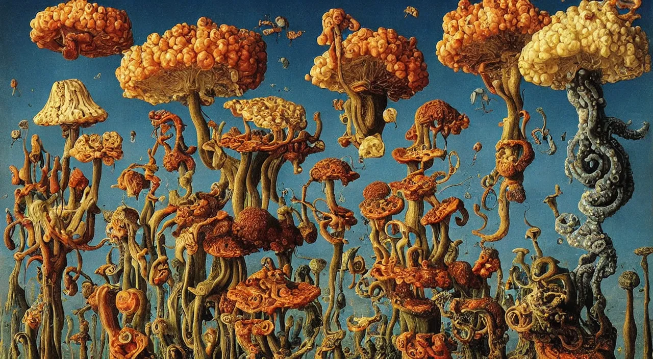 Image similar to a single colorful! ( lovecraftian ) fungus tower white! clear empty sky, a high contrast!! ultradetailed photorealistic painting by jan van eyck, audubon, rene magritte, agnes pelton, max ernst, walton ford, andreas achenbach, ernst haeckel, hard lighting, masterpiece