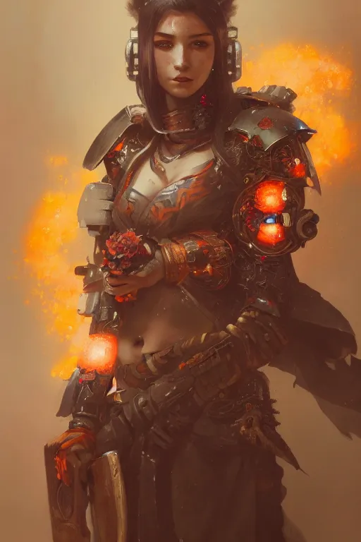 Prompt: portrait of beautiful young mainem, warhammer, japaneese style, cyberpunk armor, a lot of more scars, more and more flowers, orange head, the middle ages, highly detailed, artstation, illustration, art by greg rutkowski, 8 k quality