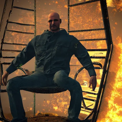 Prompt: Badass bald man sitting in an excavator, closeup, GTA V poster style