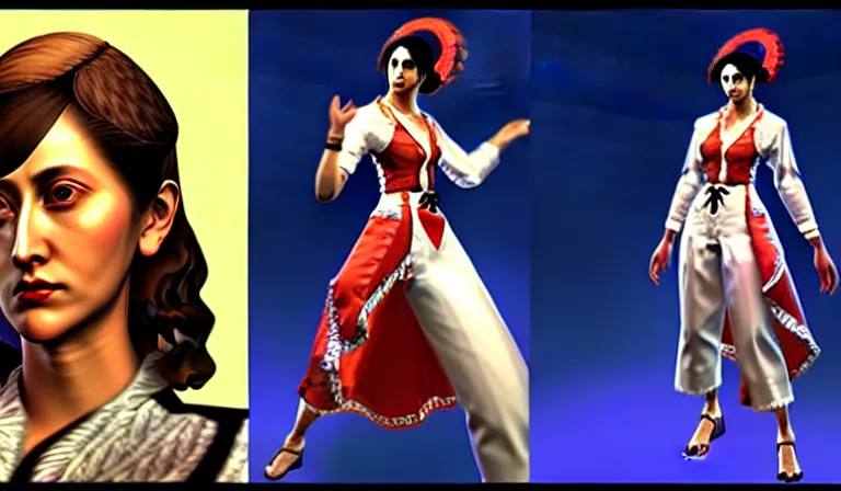 Image similar to Virginia Woolf as a Tekken character in a Filipino stage with low health, side view, gameplay screenshot