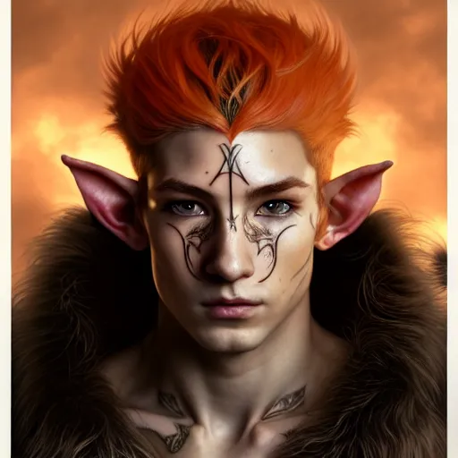 Image similar to portrait painting of an elven male teen with a soft expression and short light orange hair and tribal tattoos on his face wearing fur armor, ultra realistic, concept art, intricate details, eerie, highly detailed, photorealistic, octane render, 8 k, unreal engine. art by artgerm and greg rutkowski and charlie bowater and magali villeneuve and alphonse mucha