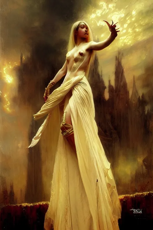 Image similar to a full body portrait of a demon girl wearing gown, high detail, cleary see face, by gaston bussiere, bayard wu, greg rutkowski, odd nerdrum, maxim verehin, realism, dan dos santos, masterpiece, sharp focus, cinematic lightning