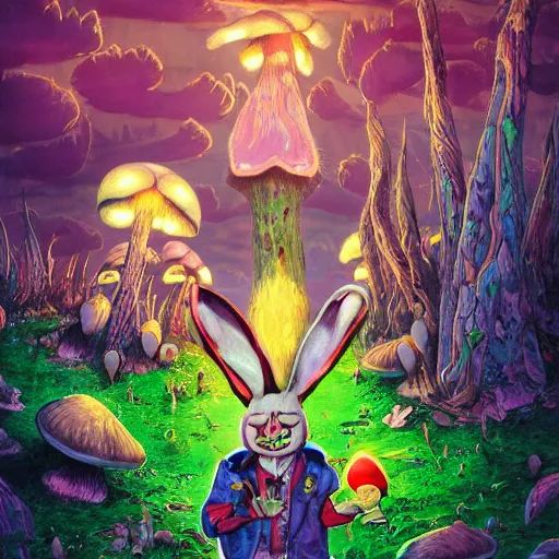 Image similar to 4 k headshot portrait of a psychedelic demonic anthropomorphic bunny rabbit with mushroom themed clothes, magic mushroom village in background by jeff easley, award winning, stylized neon, post - processing, masterpiece, superb resolution. in the art style of junji ito and greg rutkowski. detailed mushroom city in background. hyper realistic anime. perfect art. dalle 2